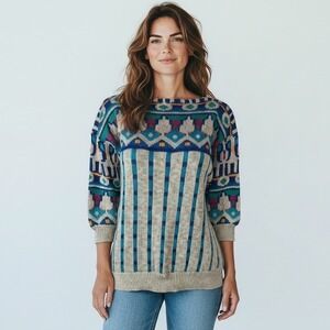 VTG Laurel Escada Geometric Striped Colorful 3/4 Sleeve Sweater Women's 38